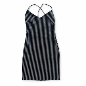 Black and white striped mini dress with criss-cross back and spaghetti straps